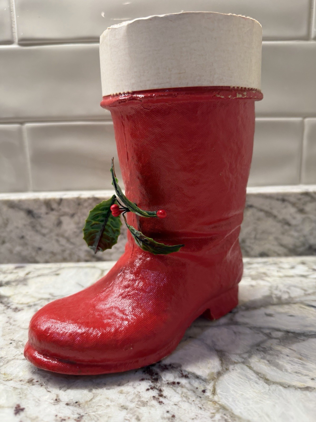 Vintage 1950s Pulp Paper Mache Red Santa Claus Boot Holly Christmas Decor Mantle