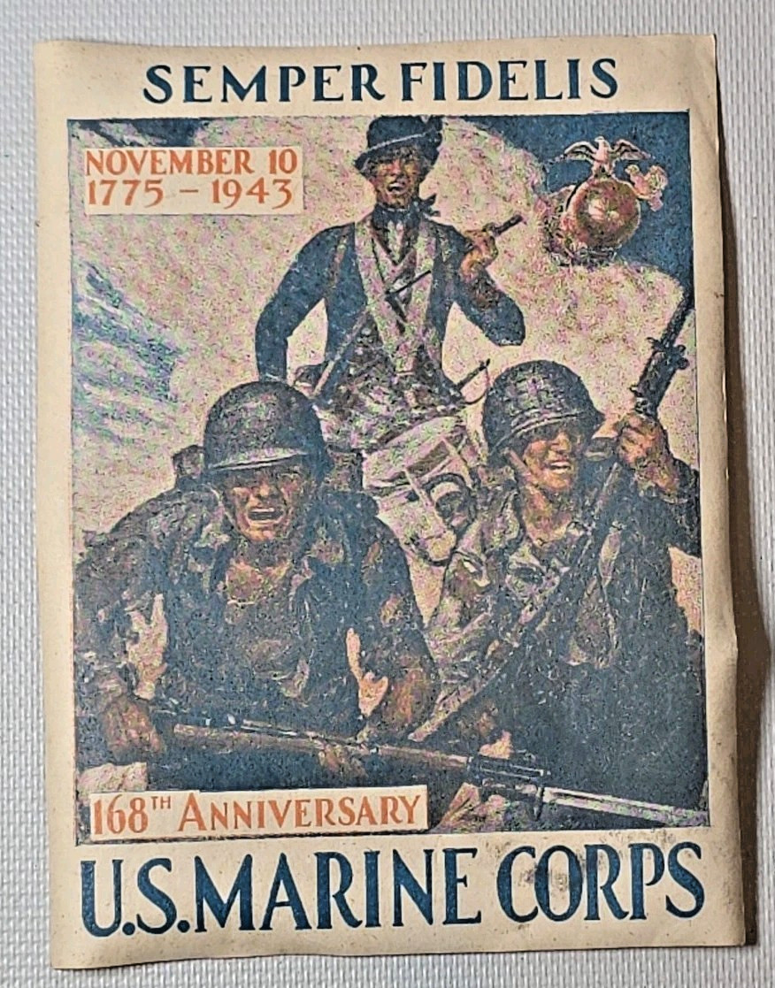 VTG 1943 USMC U.S. MARINE Corps Anniversary Semper Fidelis WW II Luggage Label