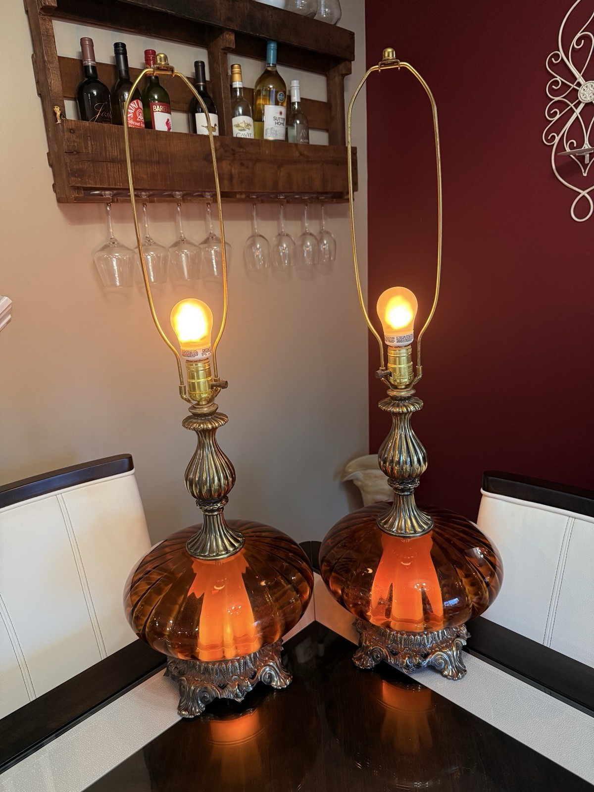 Vintage 1970s  EF & EF Industries Amber Glass Lamps With Internal Night Lights