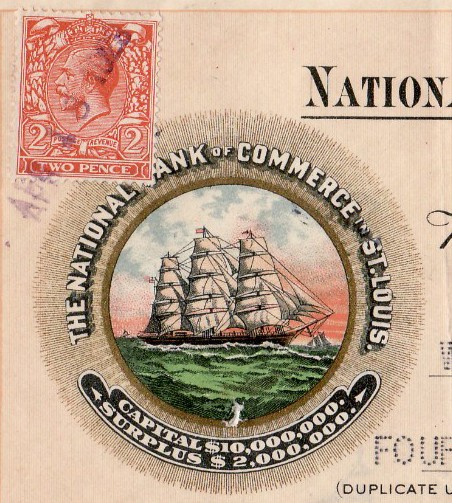 1929 International Bank Draft – St. Louis to London – Clipper Ship Vignette