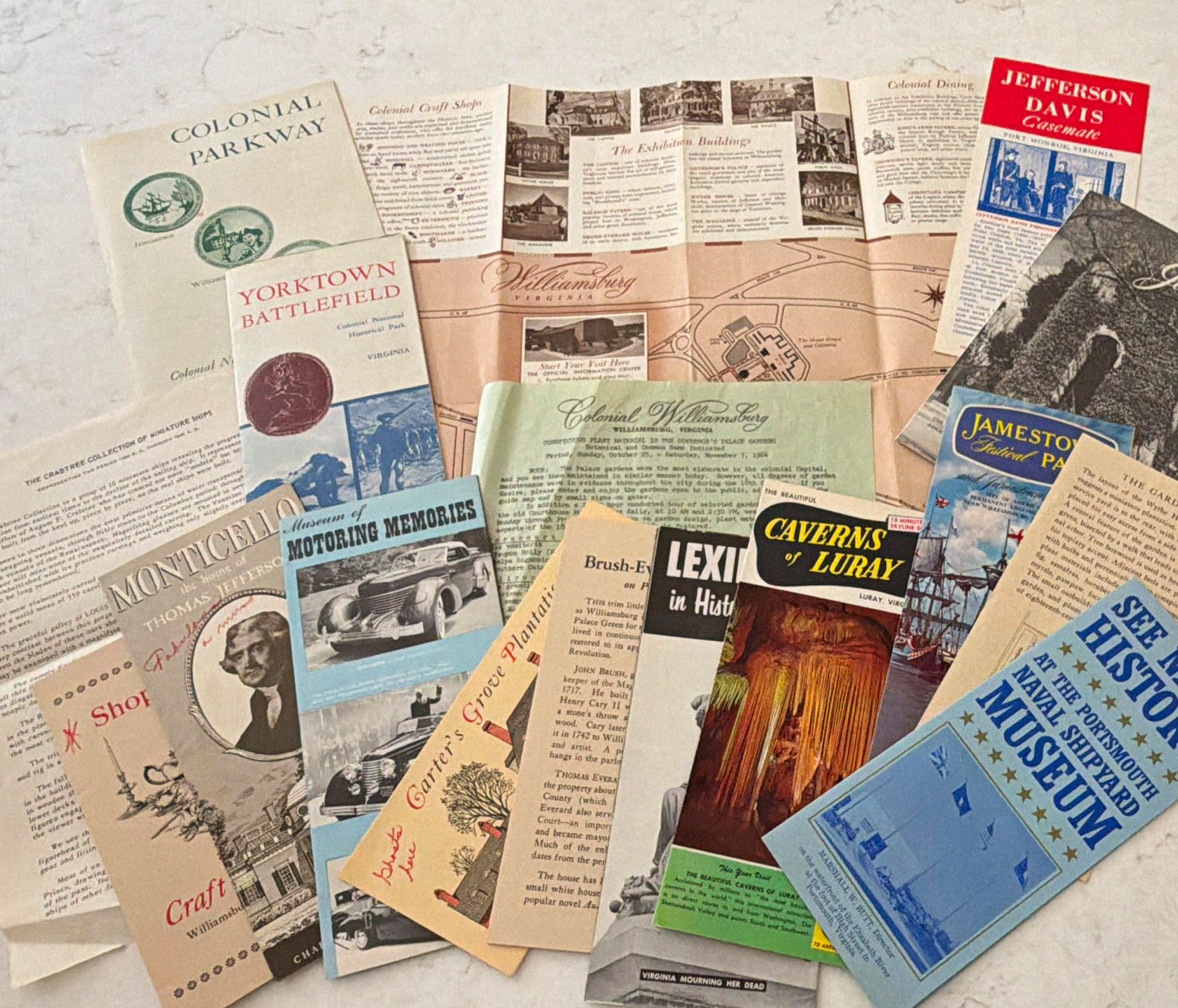 Vintage 1964 Virginia Travel Ephemera Lot Williamsburg Map Monticello Caverns