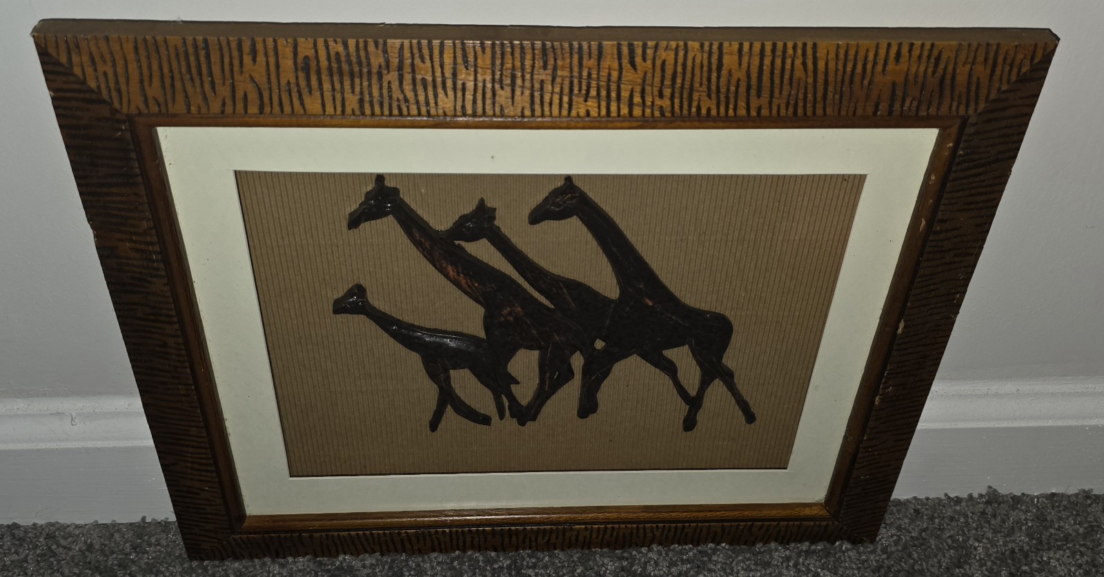 Vintage Mid-Century 3D Carved Wood Giraffe Family Shadow Box Framed Wall Art