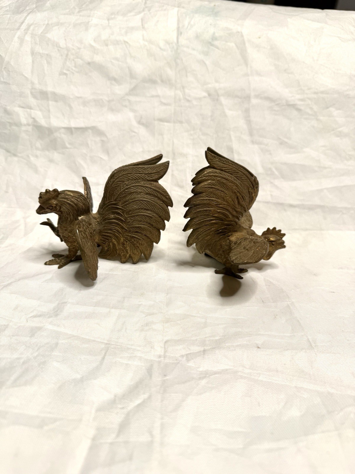 Pair Vintage Mid Century Fighting Cocks Roosters Solid Bronze Figures Farm Decor