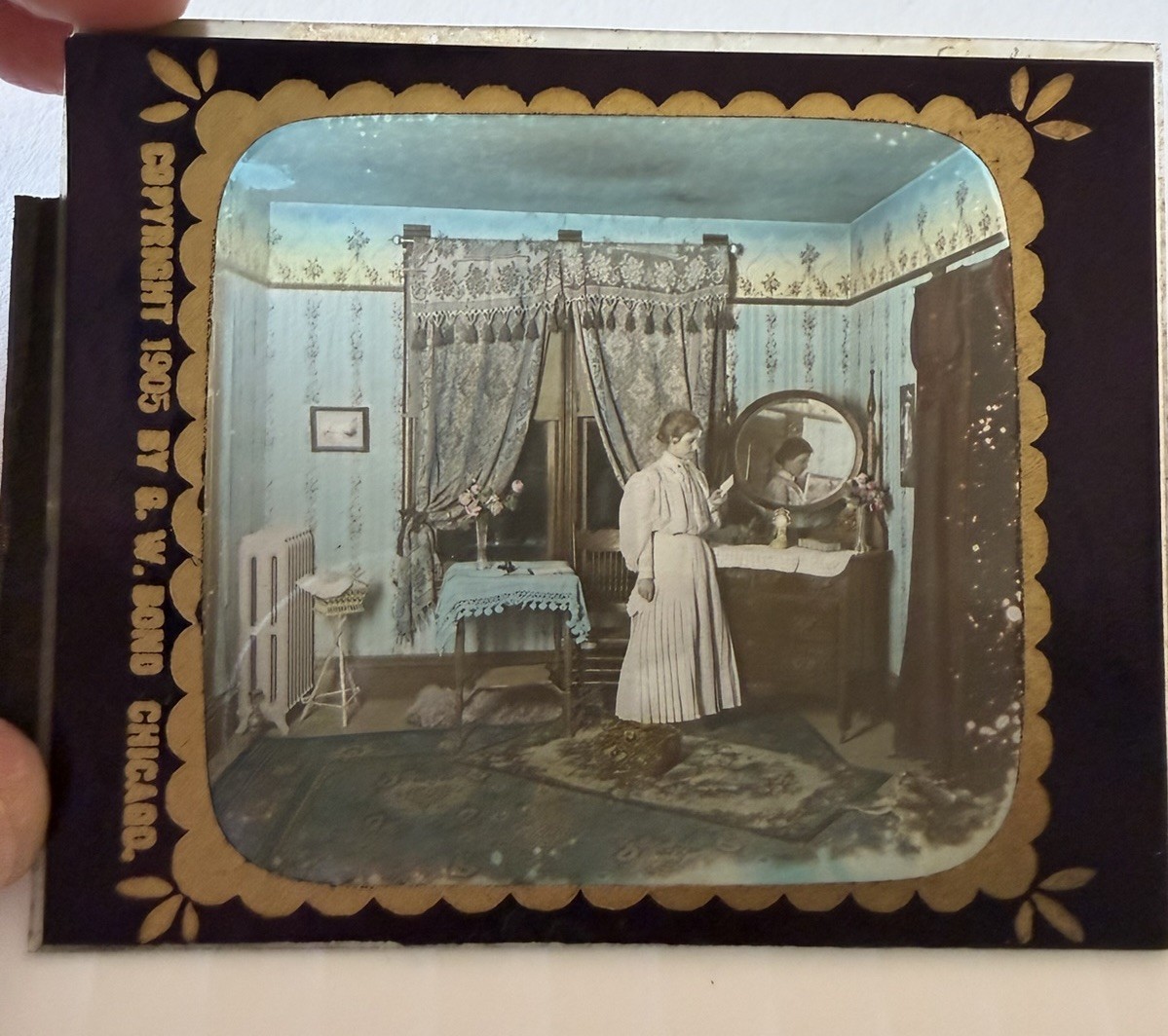 1905 G W Bond Chicago Magic Lantern Glass Slide Hand Tinted Woman Bedroom Scene