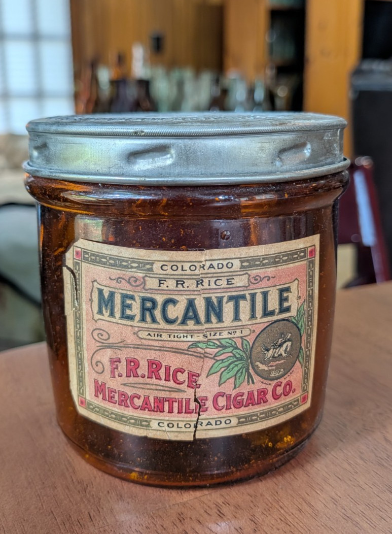 VINTAGE Amber Havana Cigar Jar, F.R. Rice Mercantile, St. Louis Mo, w/ Label/Lid