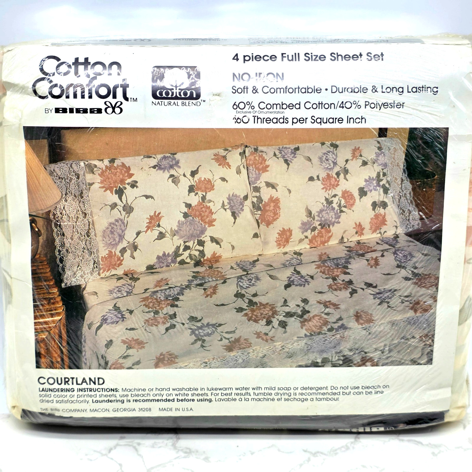 Vintage Cotton Comfort By BIBB Sheet Set 4pc Full Floral Combed Cotton Blend NEW