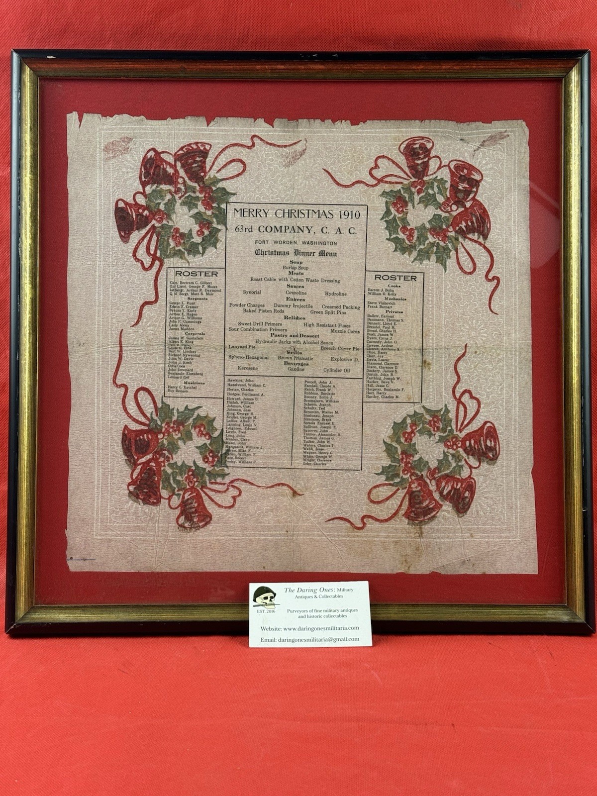 Original WW1 Era U.S. Army Gag/Joke Christmas 1910 Dinner Menu