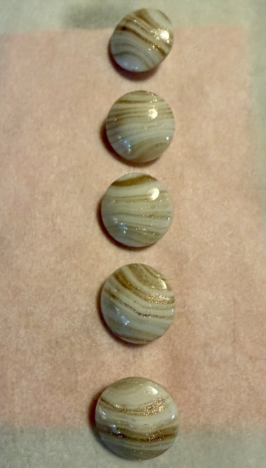 5 Vintage White Glass Buttons Gold Aventurine Swirl Glass Shank 7/8 Inch 22mm