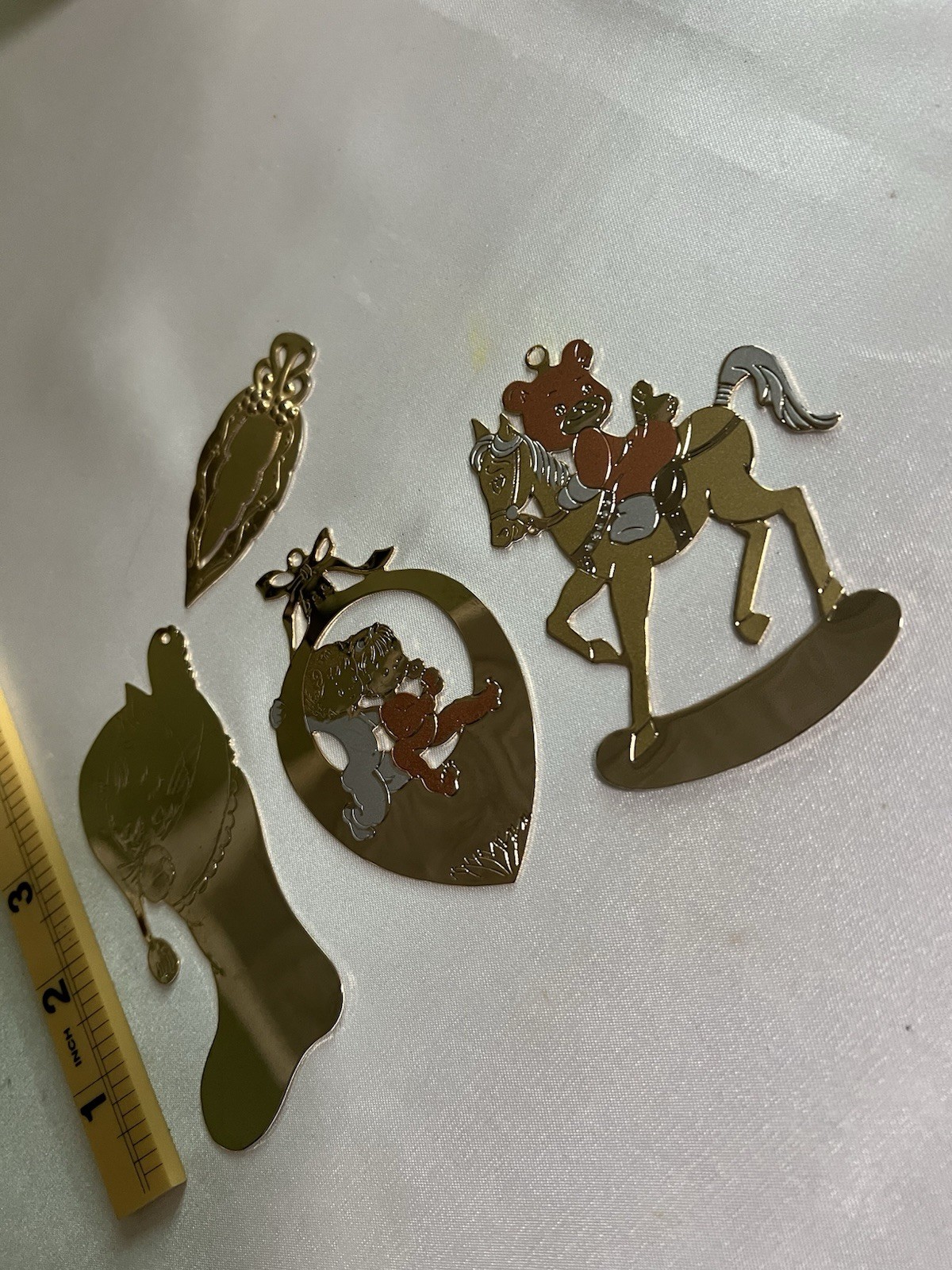 Vintage All Brass Lot 4pc: 3 Christmas Ornaments & 1 Leaf Bookmark G Duchin