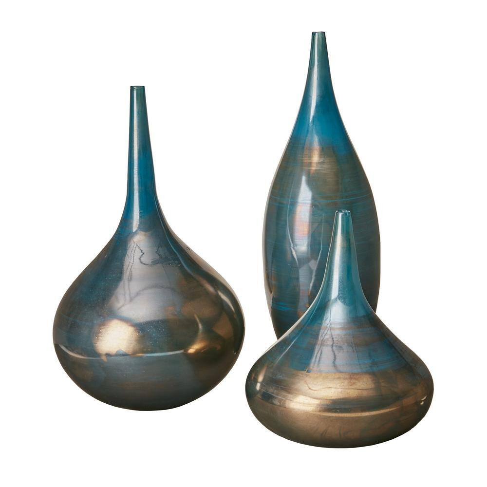 Aurora Blue and Bronze Decorative Glass Vases 3-Piece Set