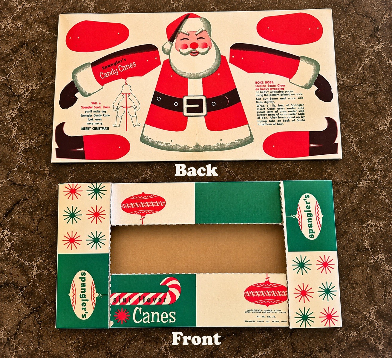 RARE 1950s Vintage SPANGLER'S Candy Canes Christmas Box Tray SANTA CLAUS Cut Out