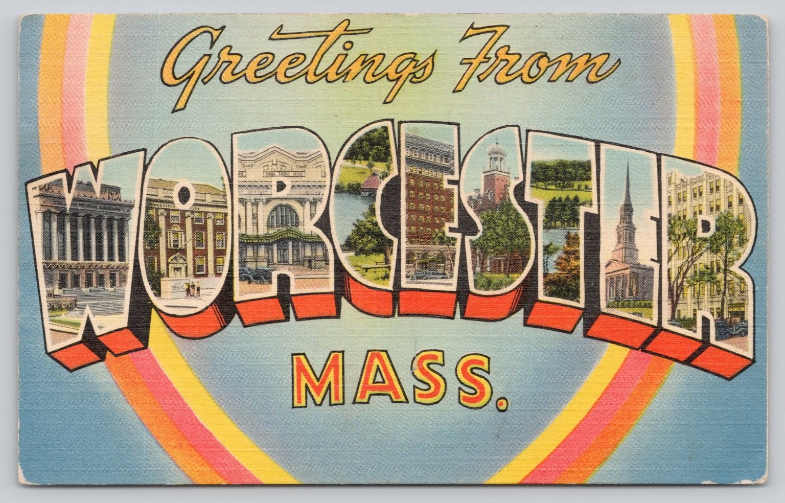 Greetings From Worcester MA Large Letter Linen Postcard Tichnor Brothers