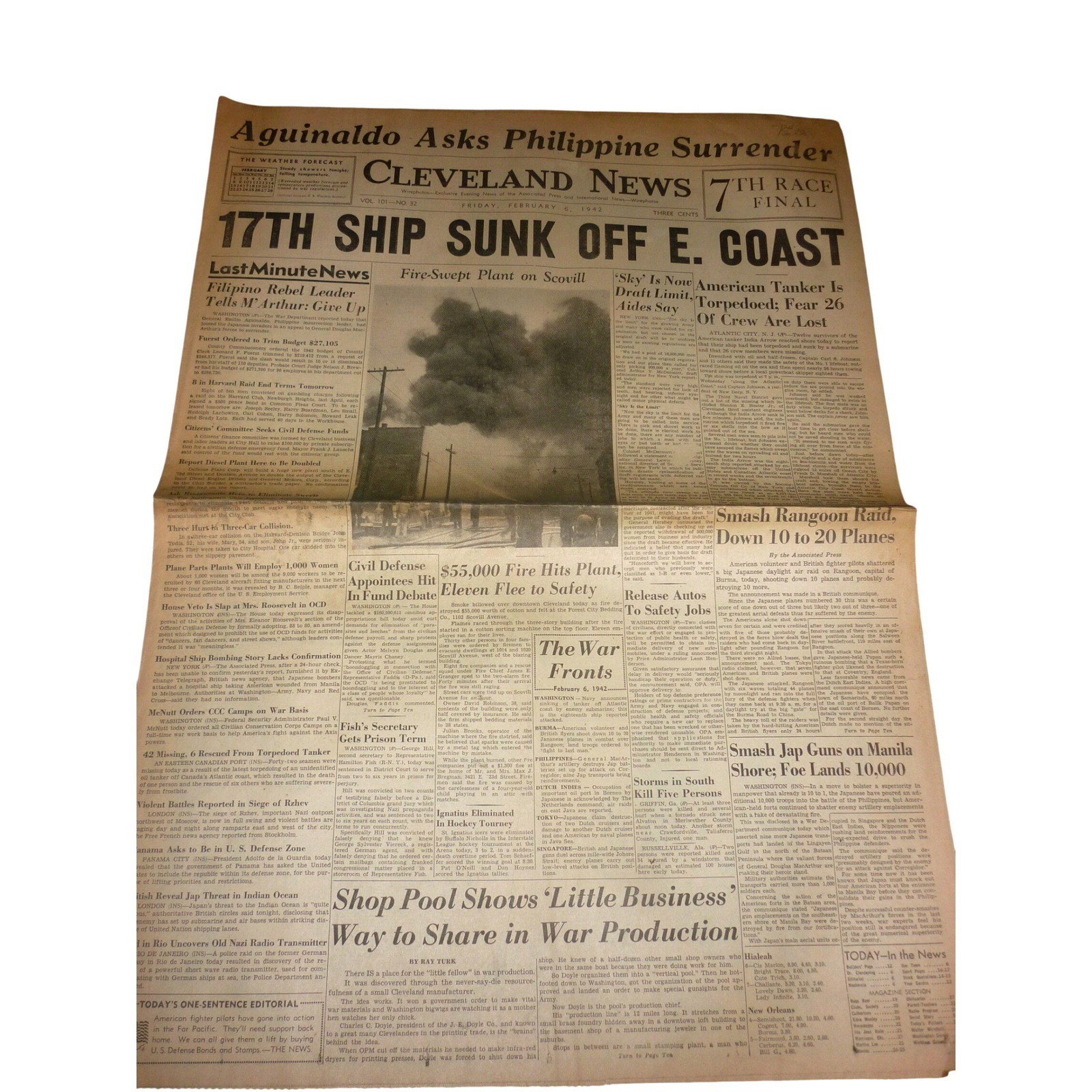 Feb 6 1942 Cleveland News WWII Newspaper 17th Ship Sunk Aguinaldo MacArthur