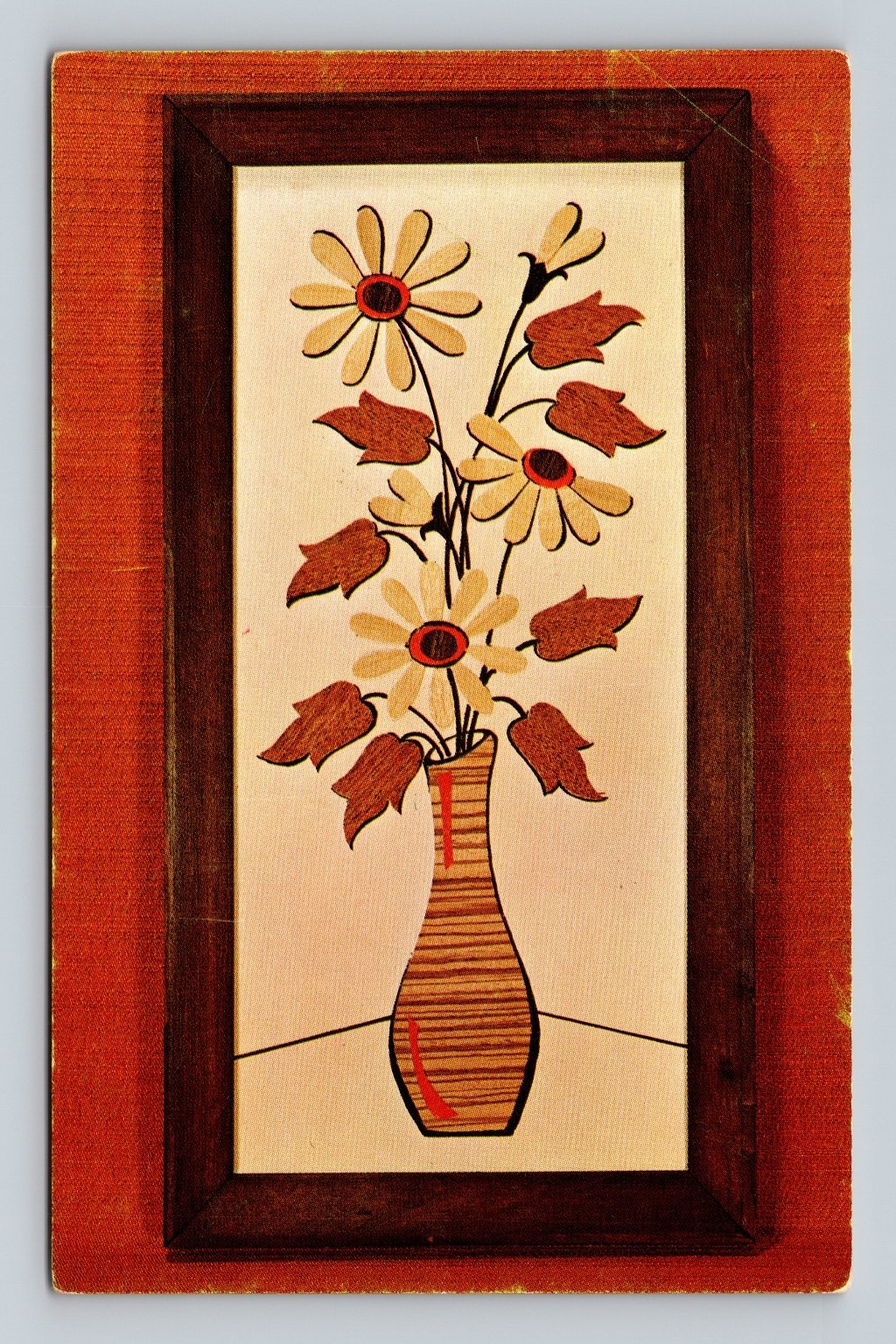 Mid-Century Modern Wood Blooms Floral Art Postcard Framed Vase J1358