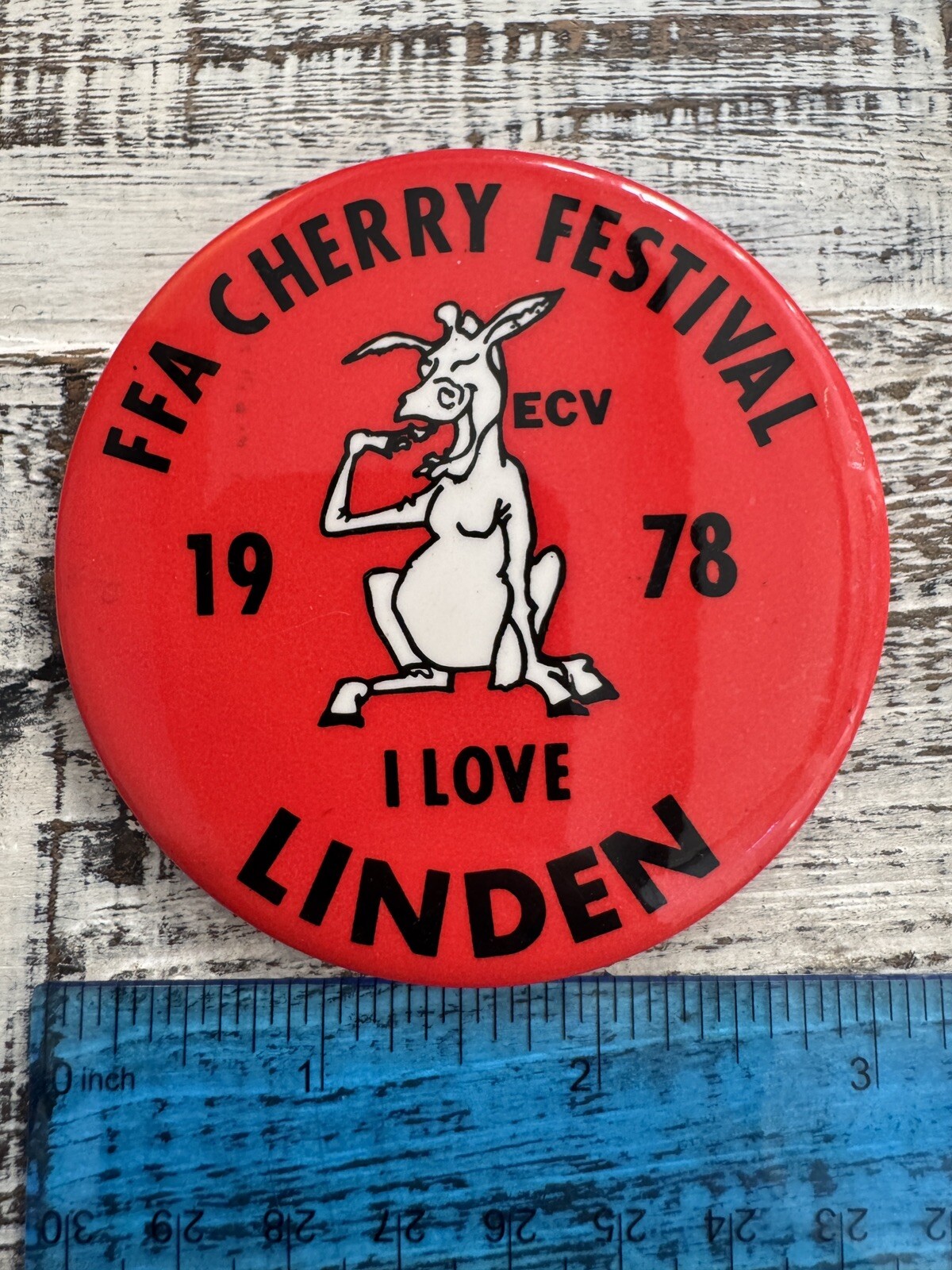 Vintage Pinback Button FFA Cherry Festival 1978 I Love Linden Retro Pin RARE