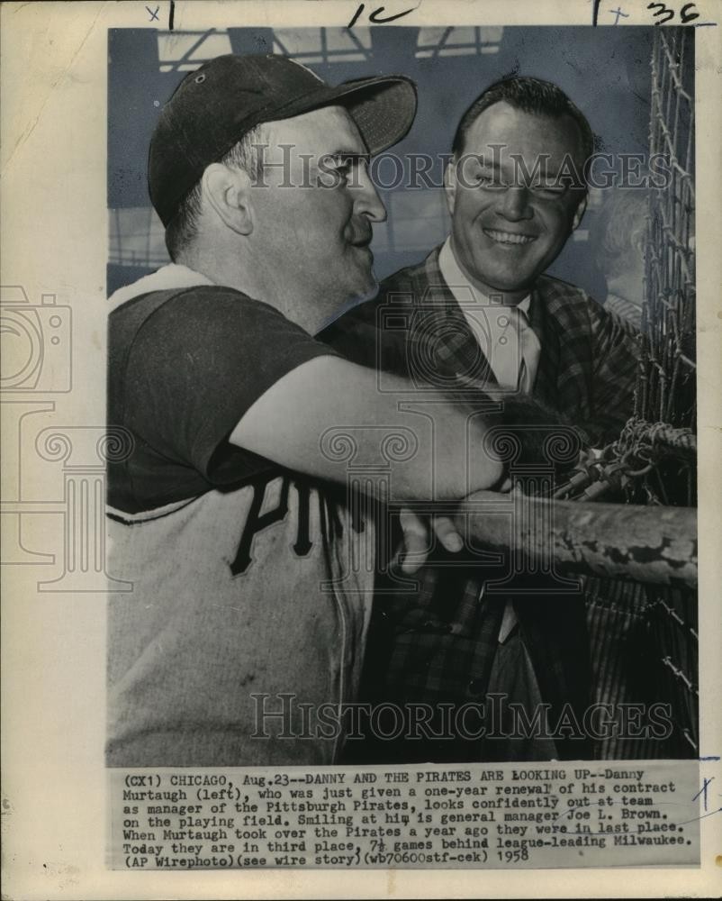 1958 Press Photo Pittsburgh Pirates manager Danny Murtaugh and Joe L. Brown