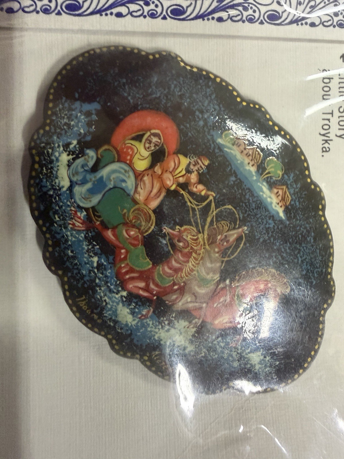 Vintage Russian Oval Lacquered  Brooch Pin  Palekh Troika Horse Slay