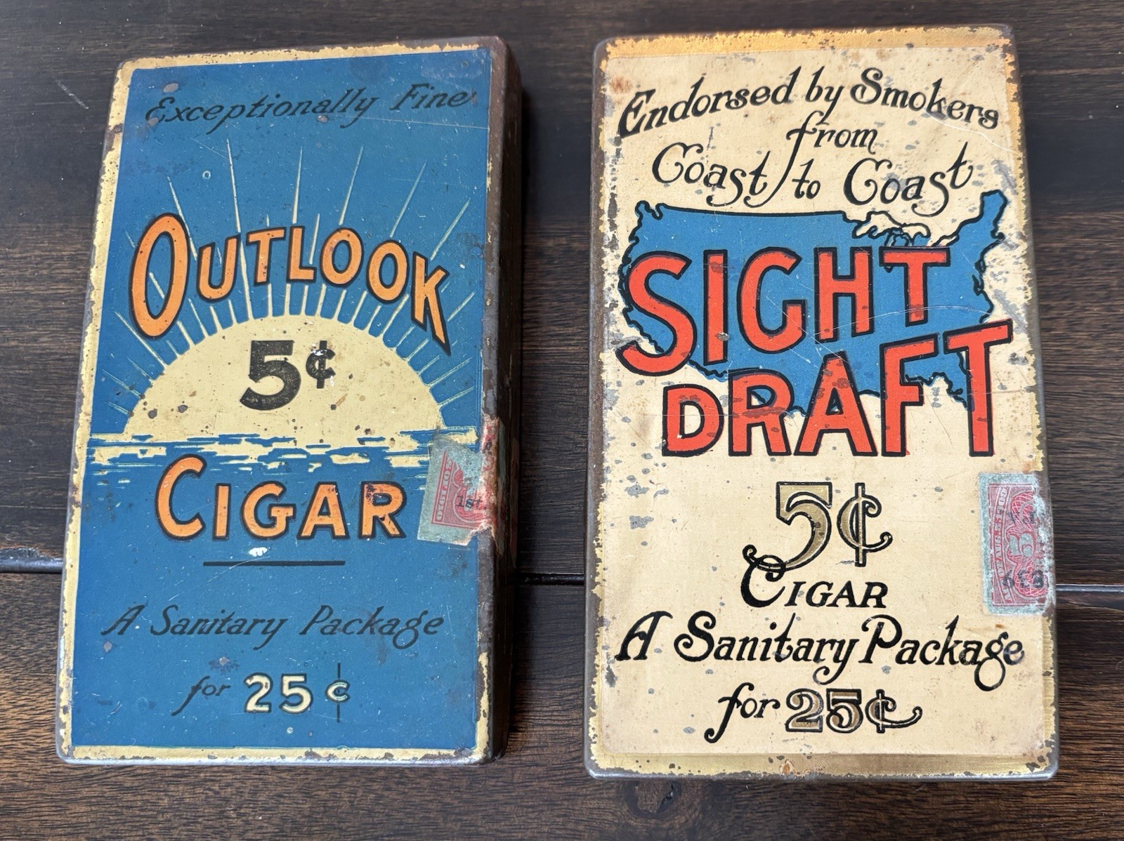 2 Vintage 1910's Sight Draft & Outlook 5 ¢ Cigar Pocket Tin W.K. Gresh & Sons