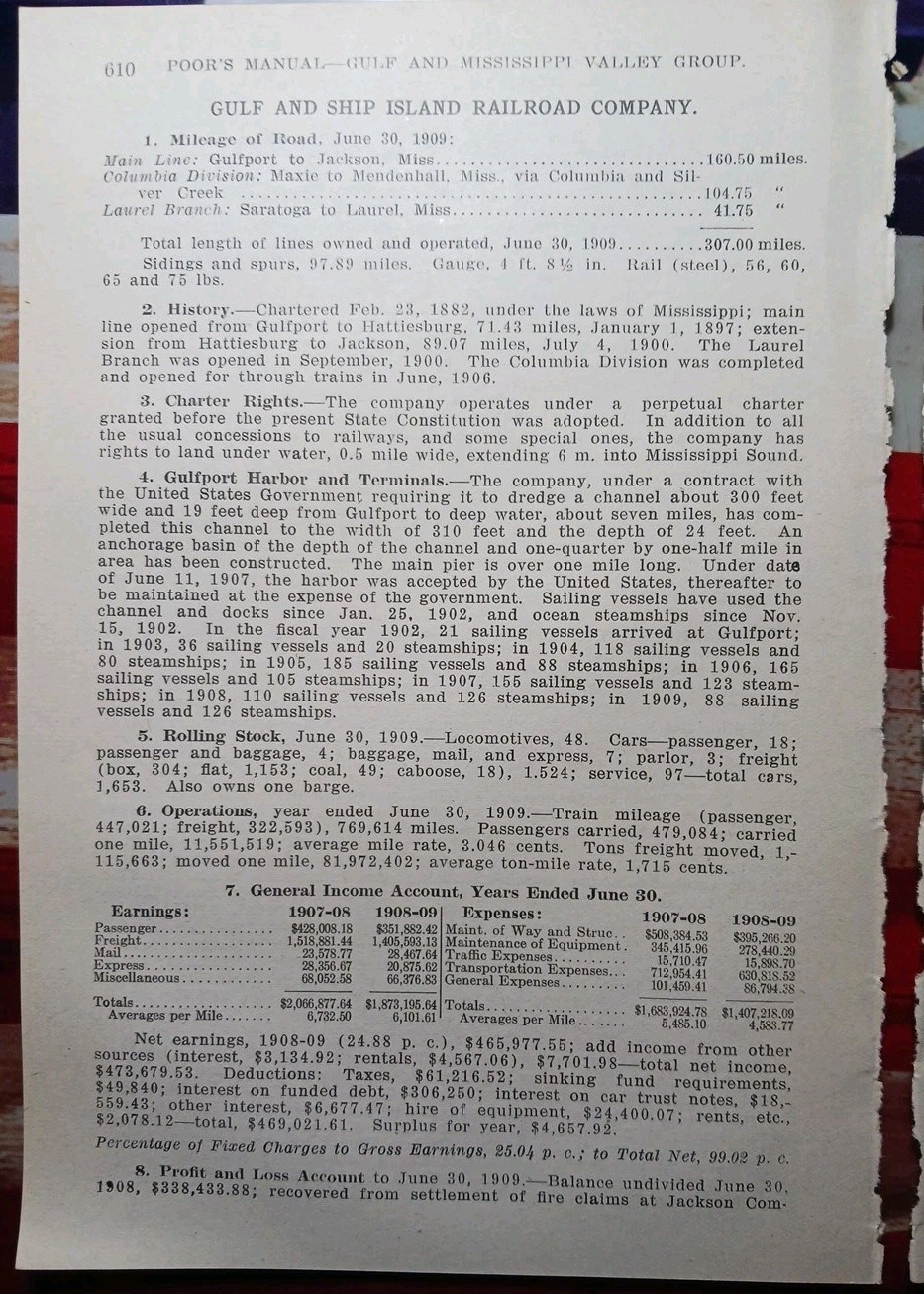 ~1910 Annual Train Report GULF & SHIP ISLAND RAILROAD Gulfport Jackson Maxie MS