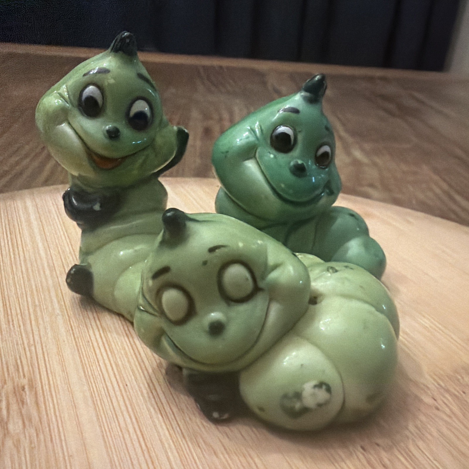 Vintage Retro Anthropomorphic Green Ceramic Caterpillar Figurines Hong Kong