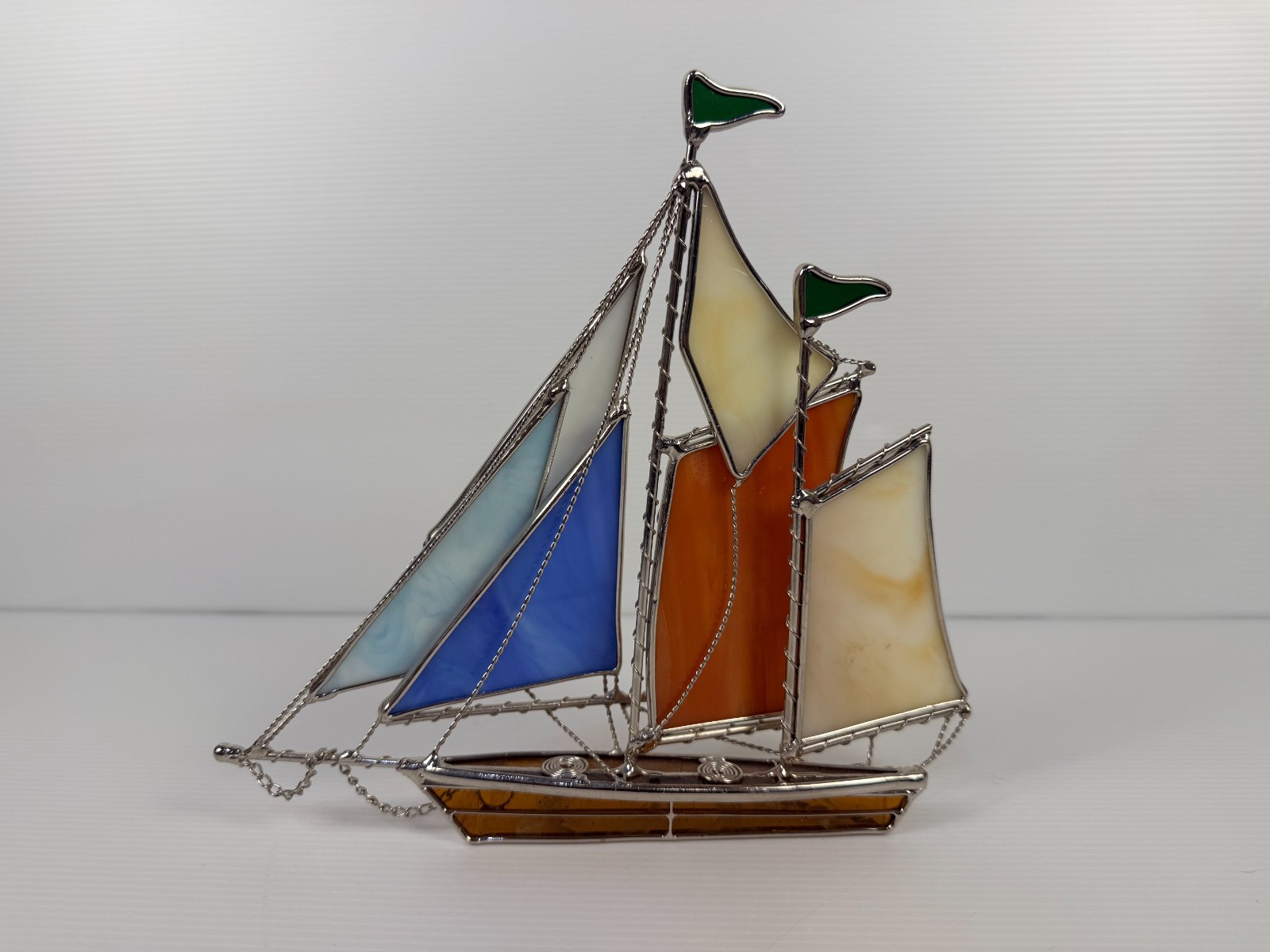 Vintage Handcrafted Stained Glass Sailboat Sculpture Figurine