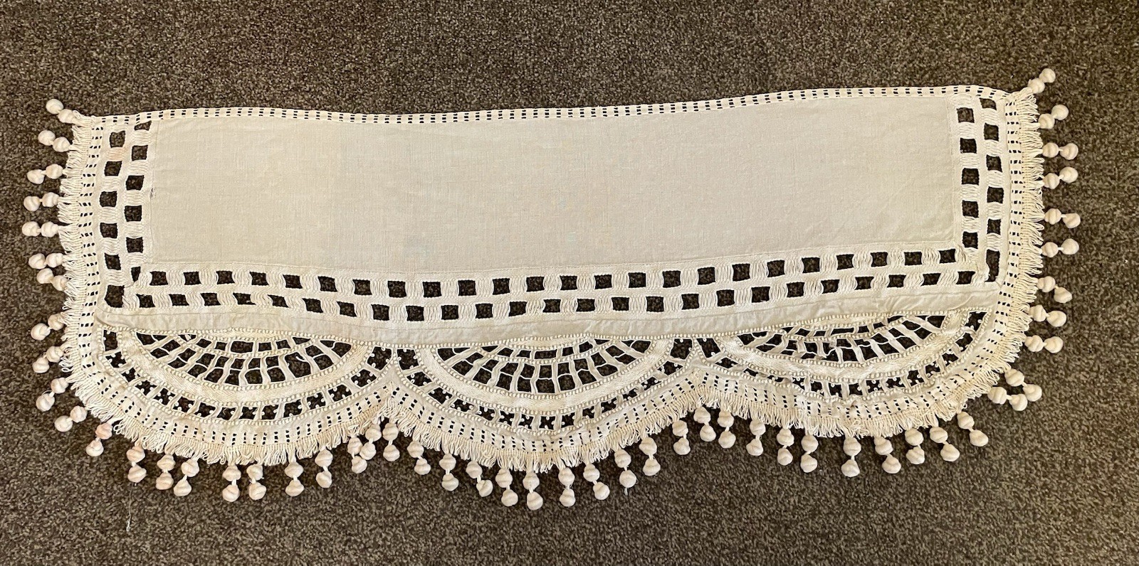 Antique Vintage French Handmade Lace Sofa Back Mantle Panel Pom Pom Fringe Boho