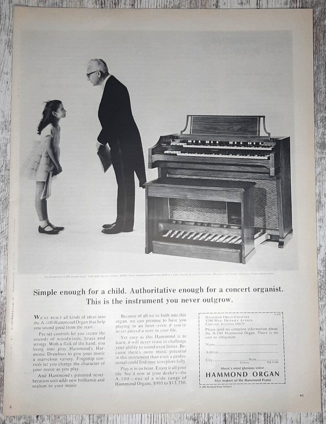 1965 Hammond Organ Vintage Print Ad Music Home Little Girl Dress Man Tuxedo B&W