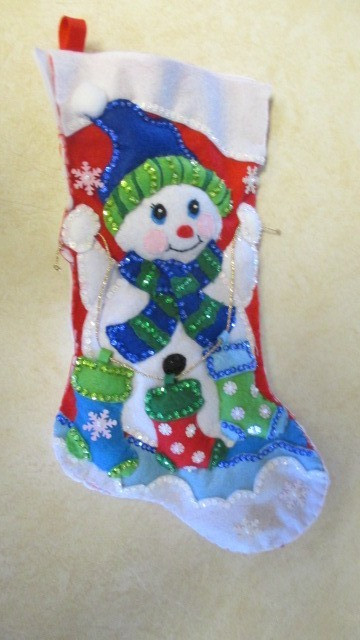 Christmas Stocking felt Hand stitched Snowman with Stockings finished completed