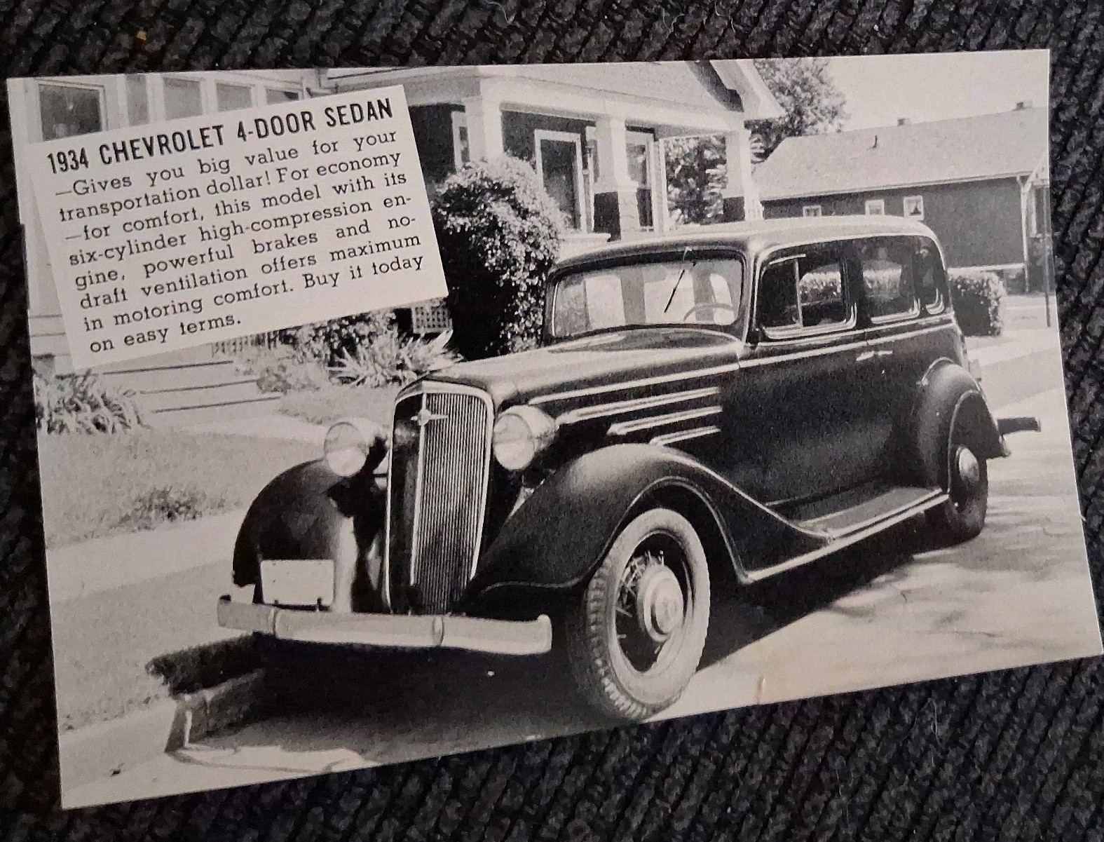 Advertising Postcard 1934 Chevrolet 4-Door Sedan own a piece of 1934 Automobile 