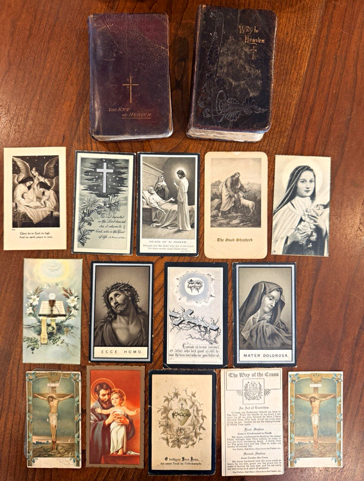 Christianity Lot: 2 VTG Leather 4” Prayer Books & 14 Holy Cards