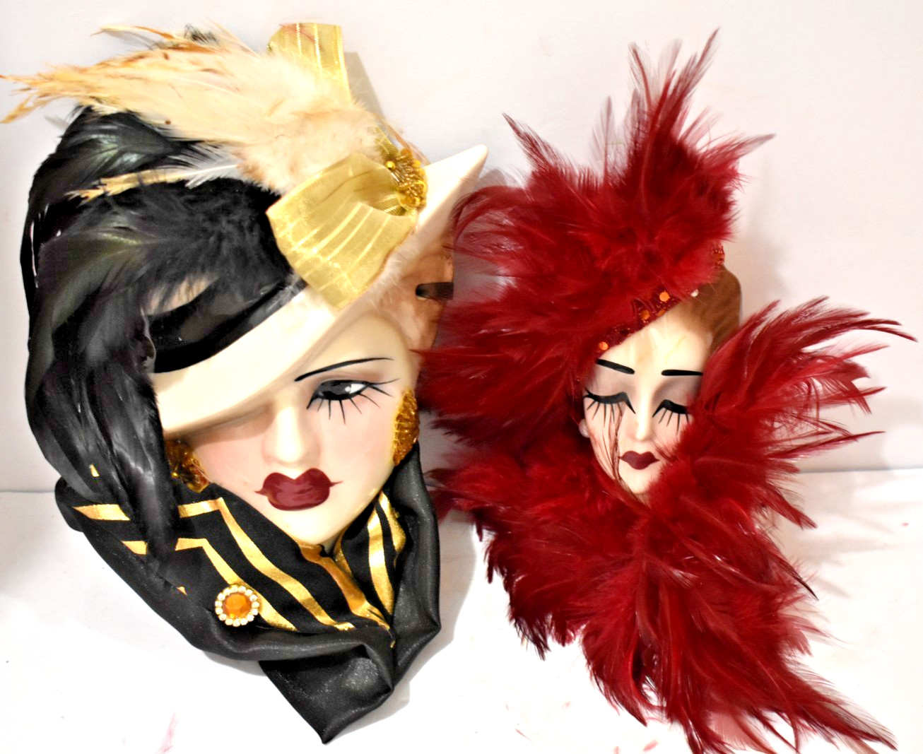 Lot Of 2 SIGNED Vintage Unique Creations, Decorated Porcelain Lady Face Masks
