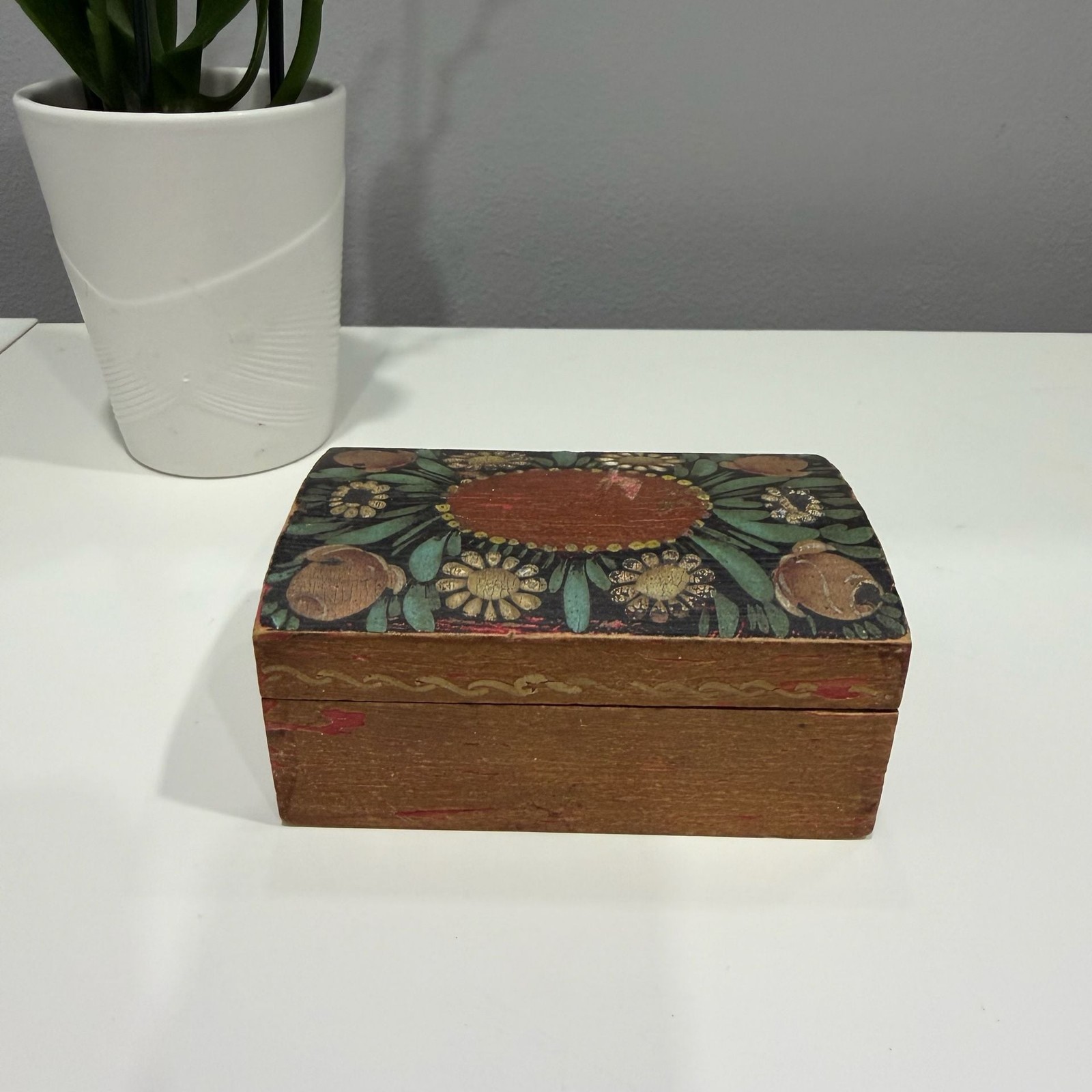 Vintage Hand Painted Wooden Keepsake Box Floral Folk Art