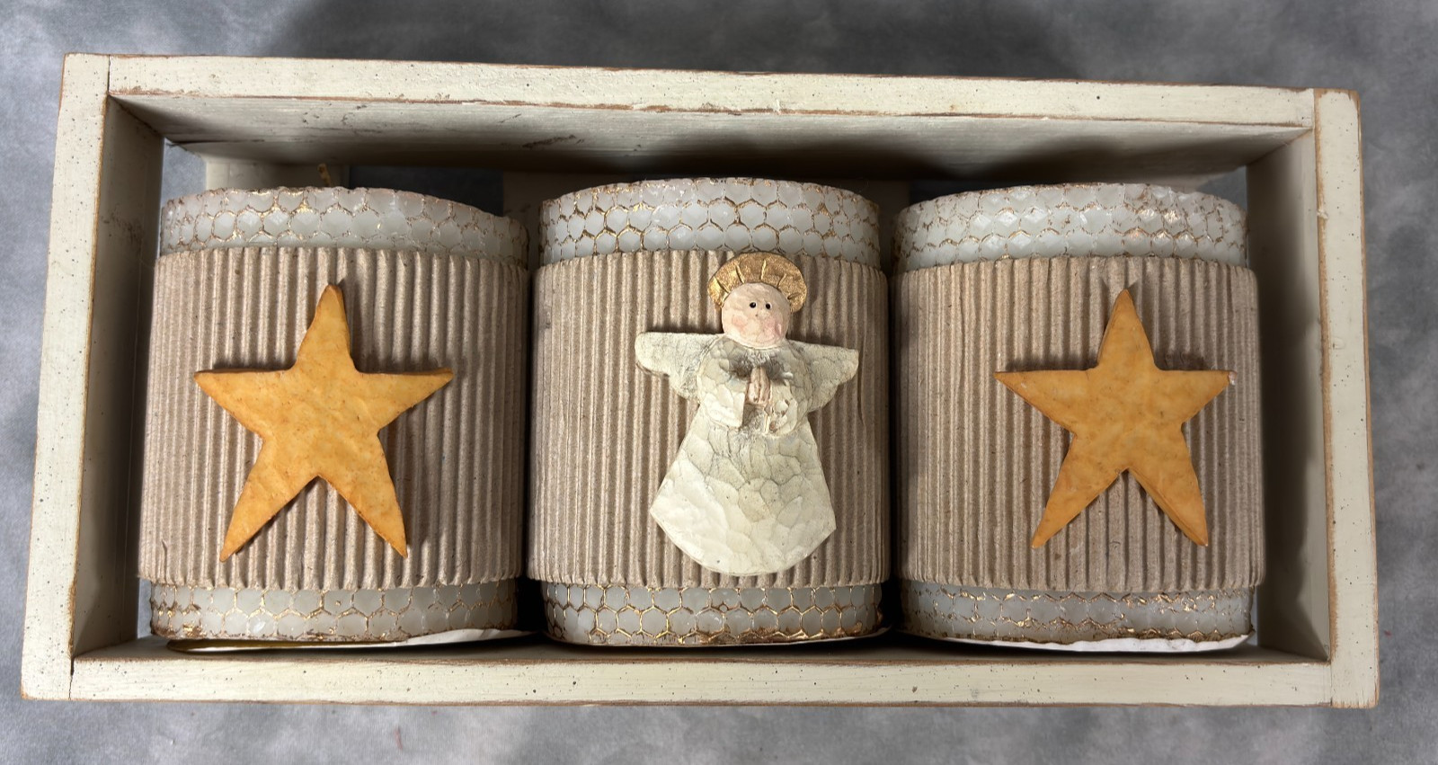 2000s Vtg Christmas Angel Star Pillar Candle Set Wood Box