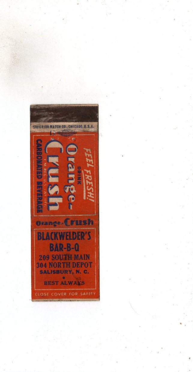 Vintage Matchcover Blackwelder\'s Bar-B-Q Salisbury, NC Orange-Crush