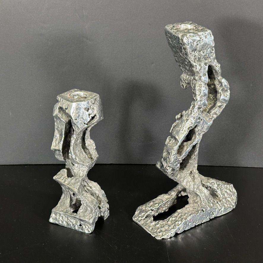 Vintage MCM Brutalist Cast Aluminum Sculptural Candlestick Holders Signed FG