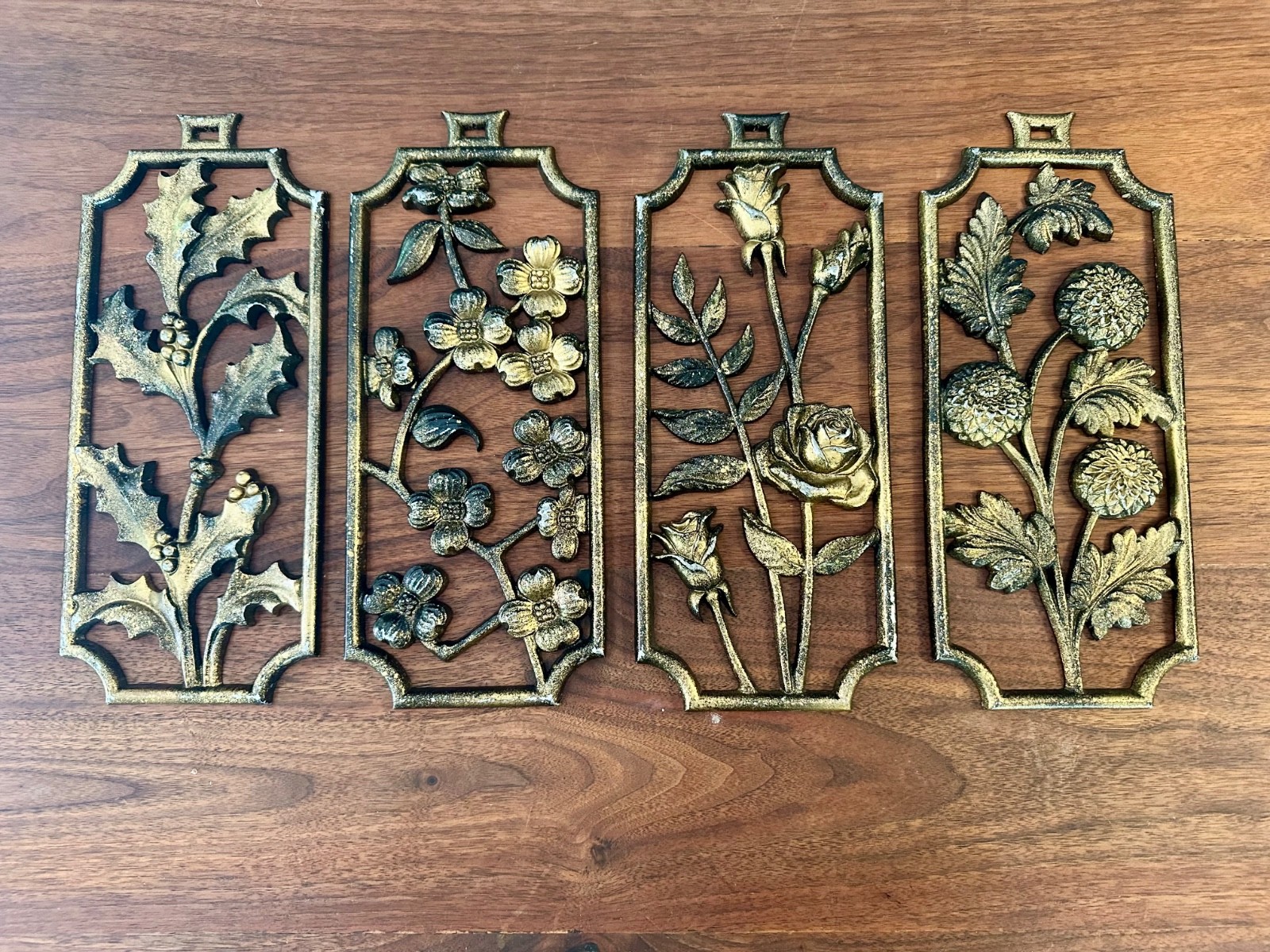 Vintage 1960's Sexton Set MCM 4 Four Seasons Floral Metal Wall Plaques 12” x 5”