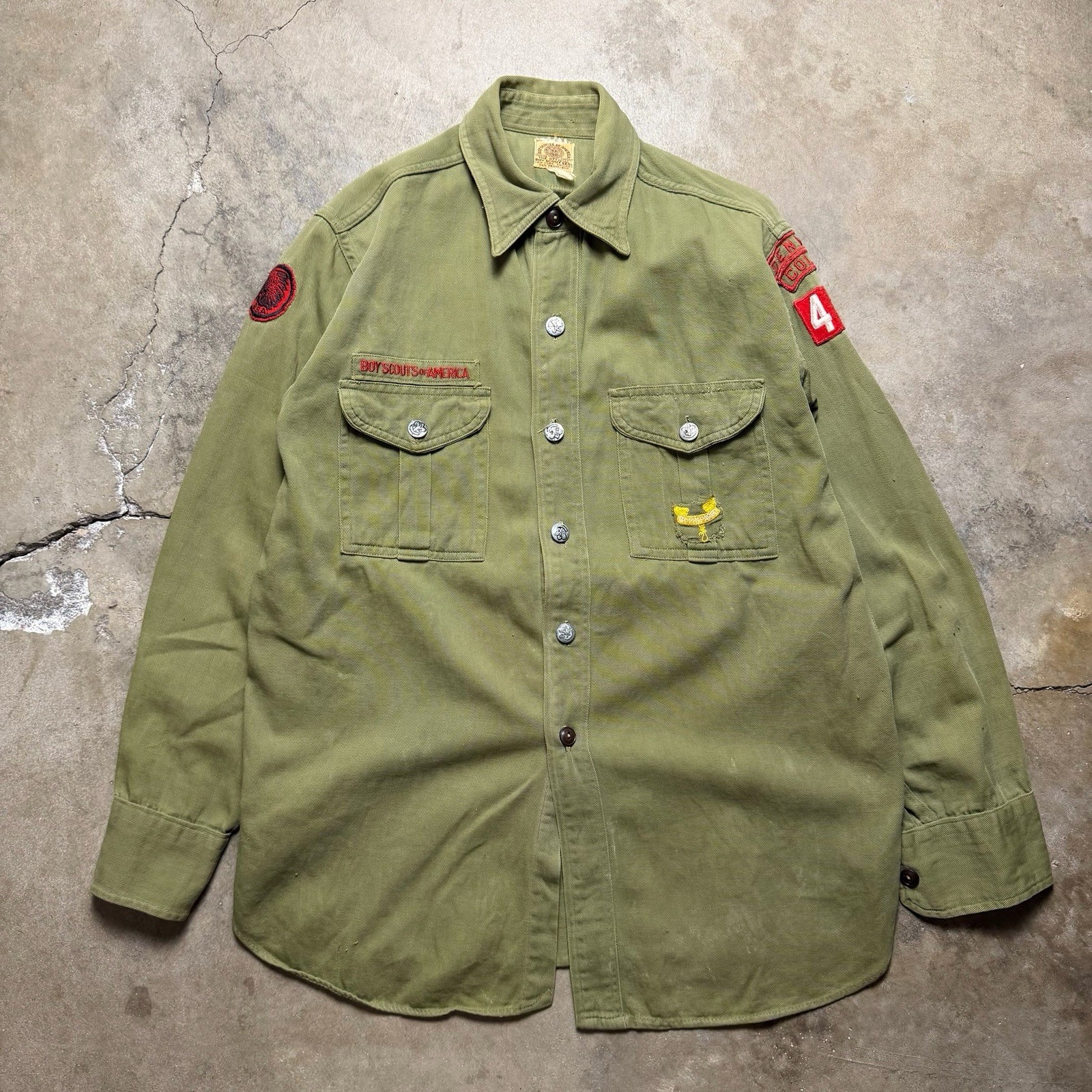 Vintage 40s Boy Scouts of America Shirt Mens Small Green Troop 42 Uniform Patch