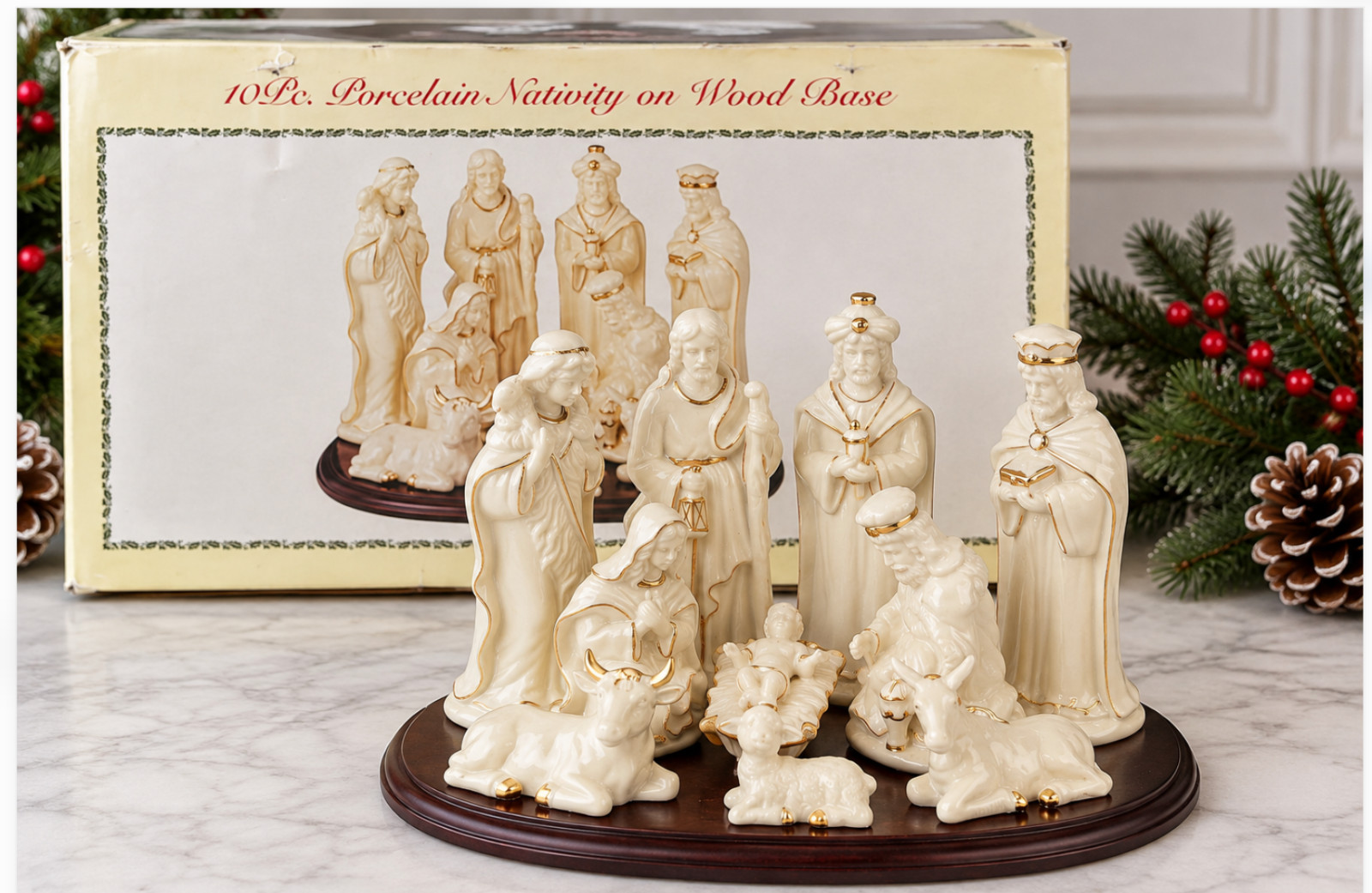 International Bazaar 10 Pcs Nativity Ivory Gold Porcelain w/ Wood Base and Box