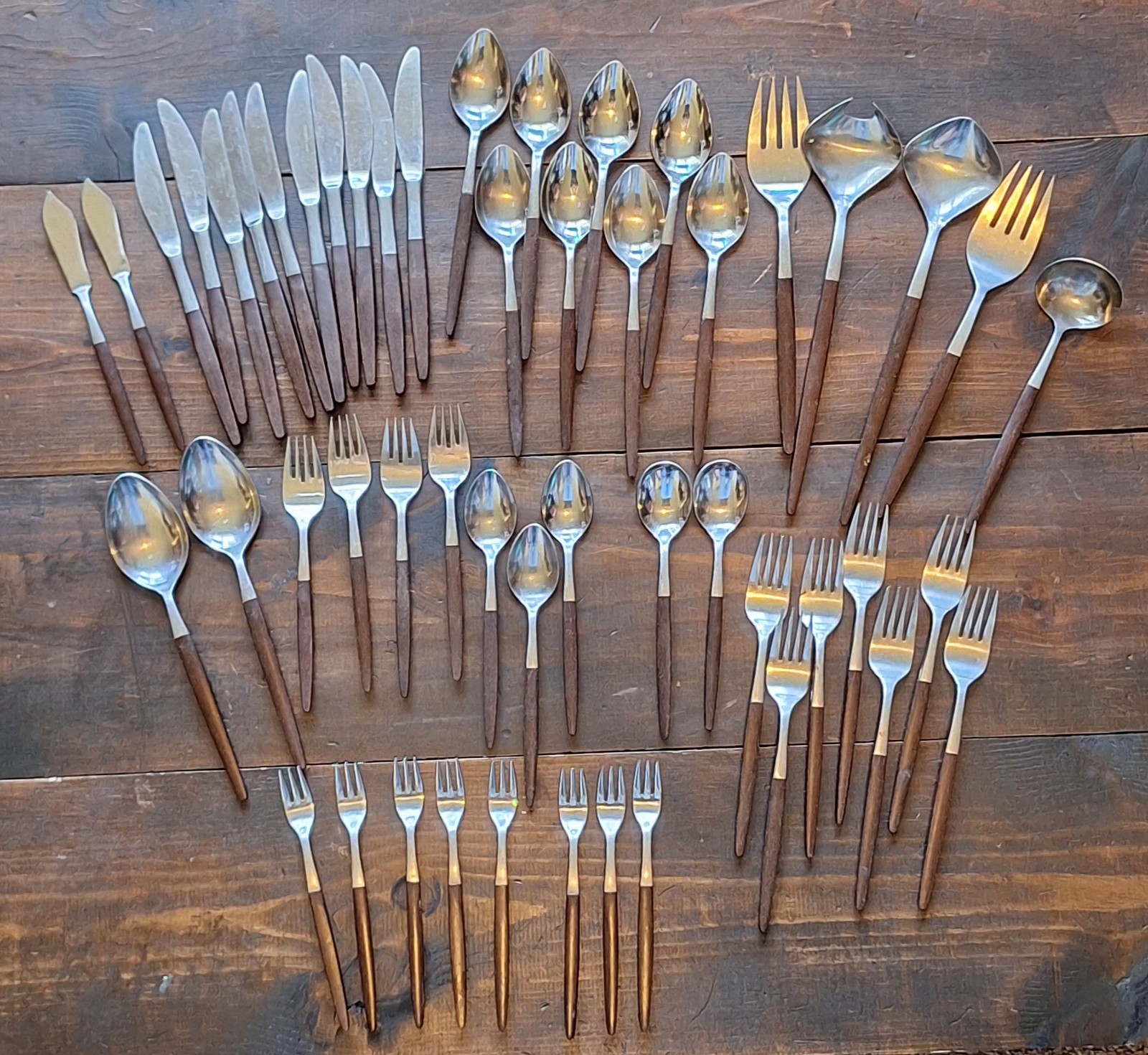 Huge Lot Of 49 Japanese Made Stainless Wood Flatware From Pyramid Ekco Vintage