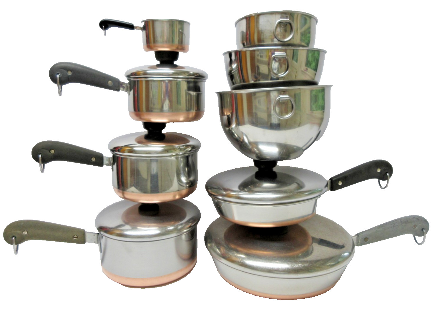 14pc Lot Vtg REVERE WARE Pre-1968 Copper Bottom Skillets Saucepans + Extras c.20