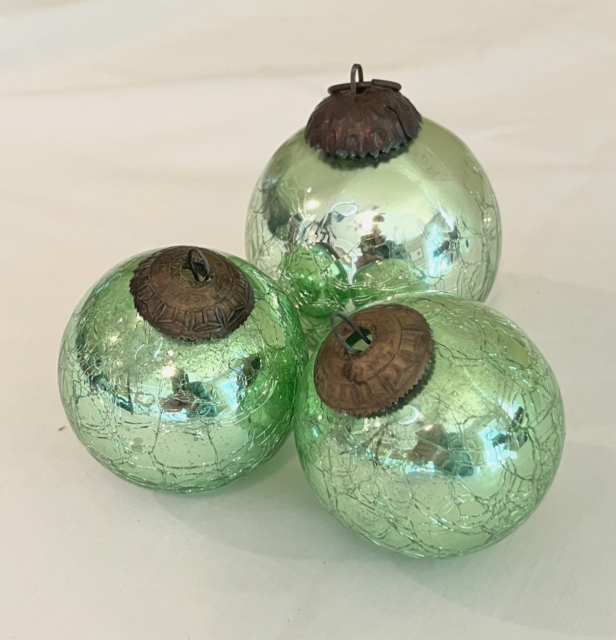 Lot 3 VTG Midwest Kugel Light Green Crackle Glass Ornaments Heavy Brass Cap
