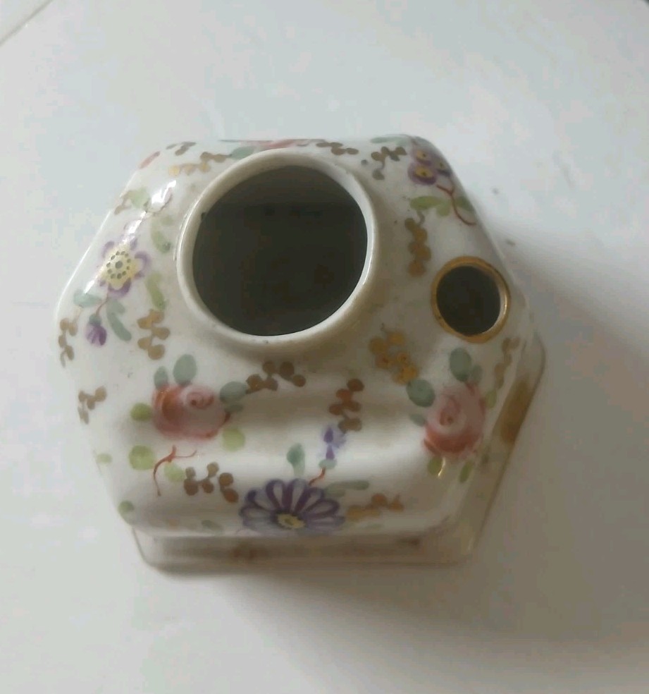 Antique French Porcelain Inkwell Pen Holder GB PD Mehun 6-Sided Floral Pristine