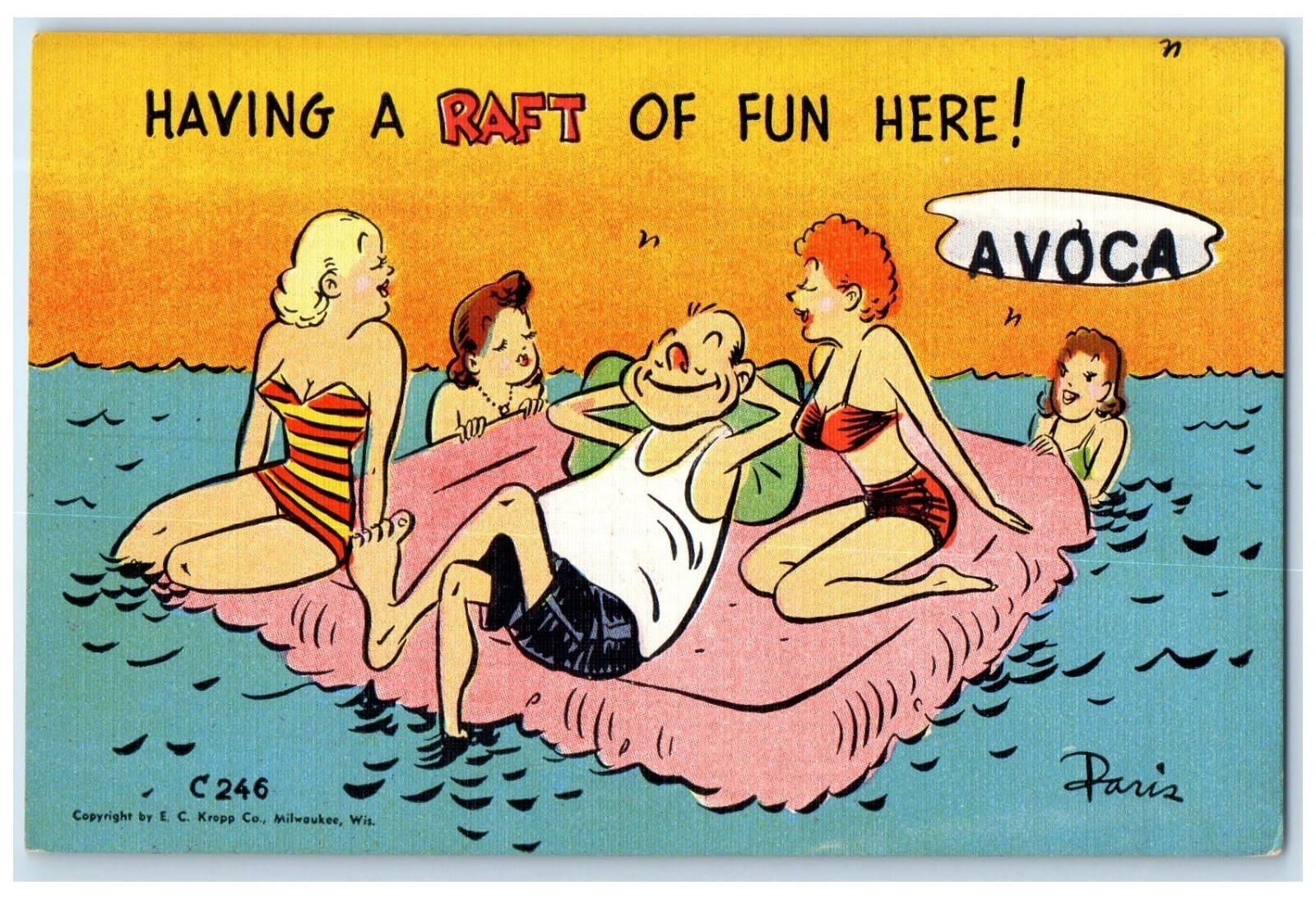 c1940 Having Raft Fun Here Swimsuit Avoca Minnesota MN Vintage Antique Postcard
