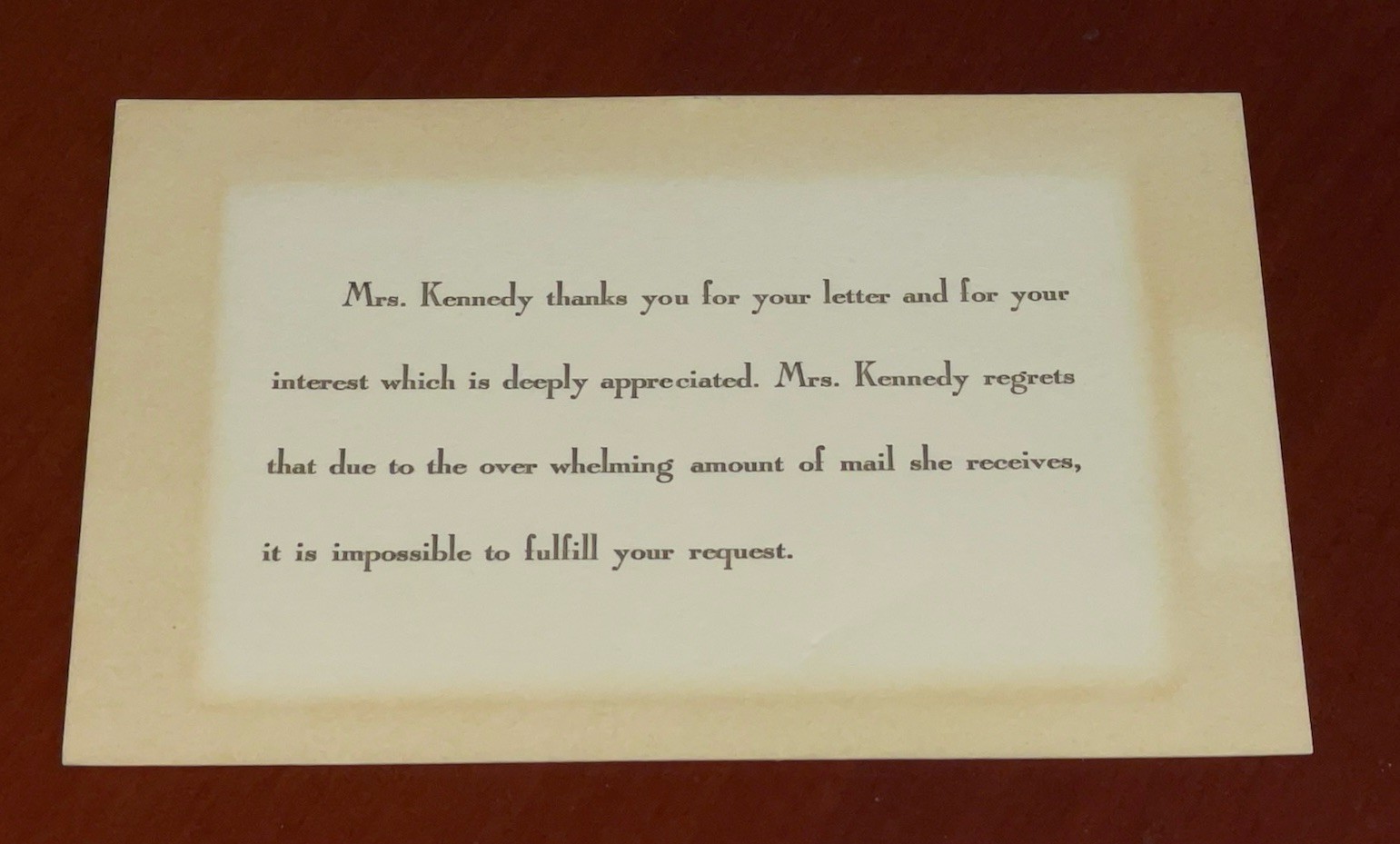 Vintage Mrs. Jackie Kennedy Thank You Card, Impossible to Fulfill Your Request