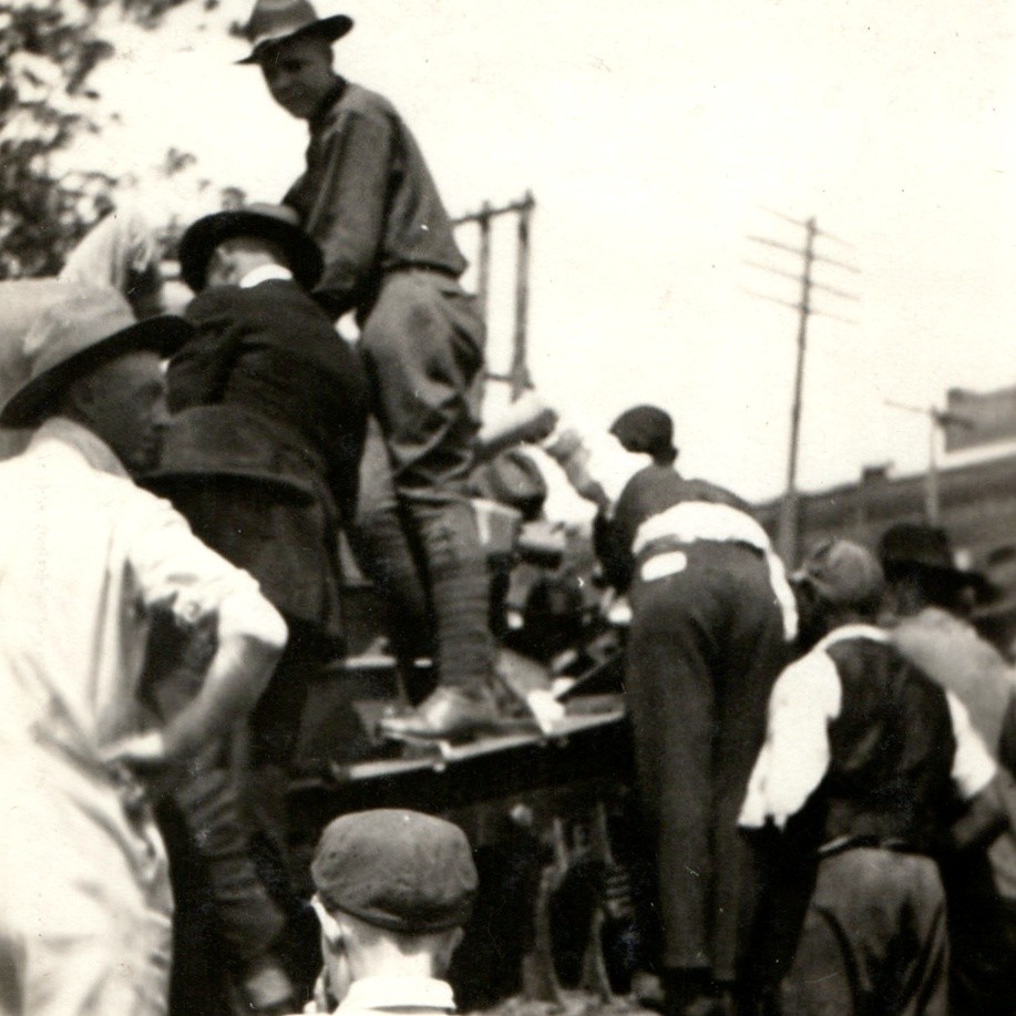 c1910s WWI US Soldier Campaign Hat Crowd Snapshot Photo Military Machinery Vtg