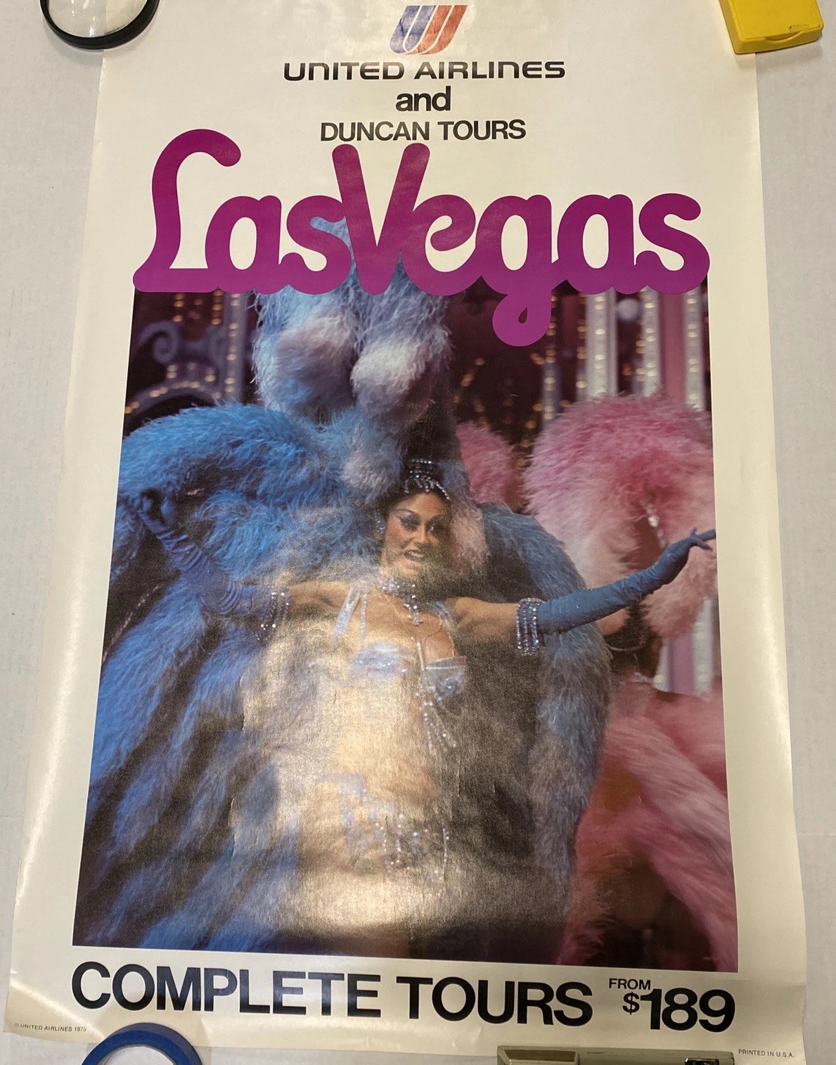Vintage 1970s United Airline LAS VEGAS Travel Poster 25x40 Duncan Tours Showgirl