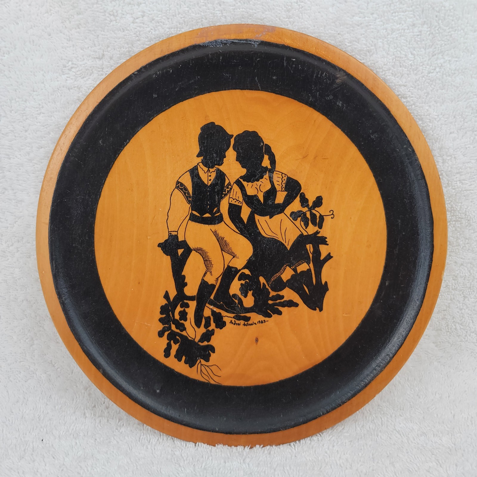 Romanian Wooden Plate Folk Art Vintage 1983 9.5\