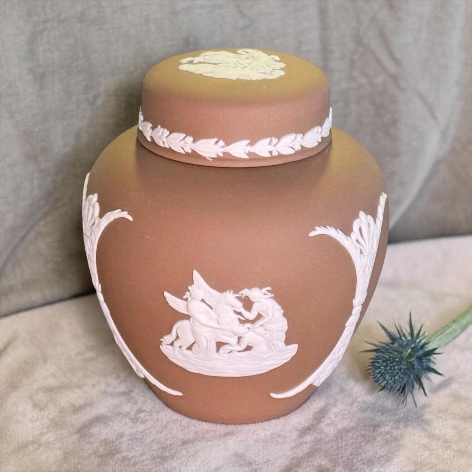 Wedgwood Jasperware Ginger Jar Rare Taupe with Lid 4” Neoclassical England