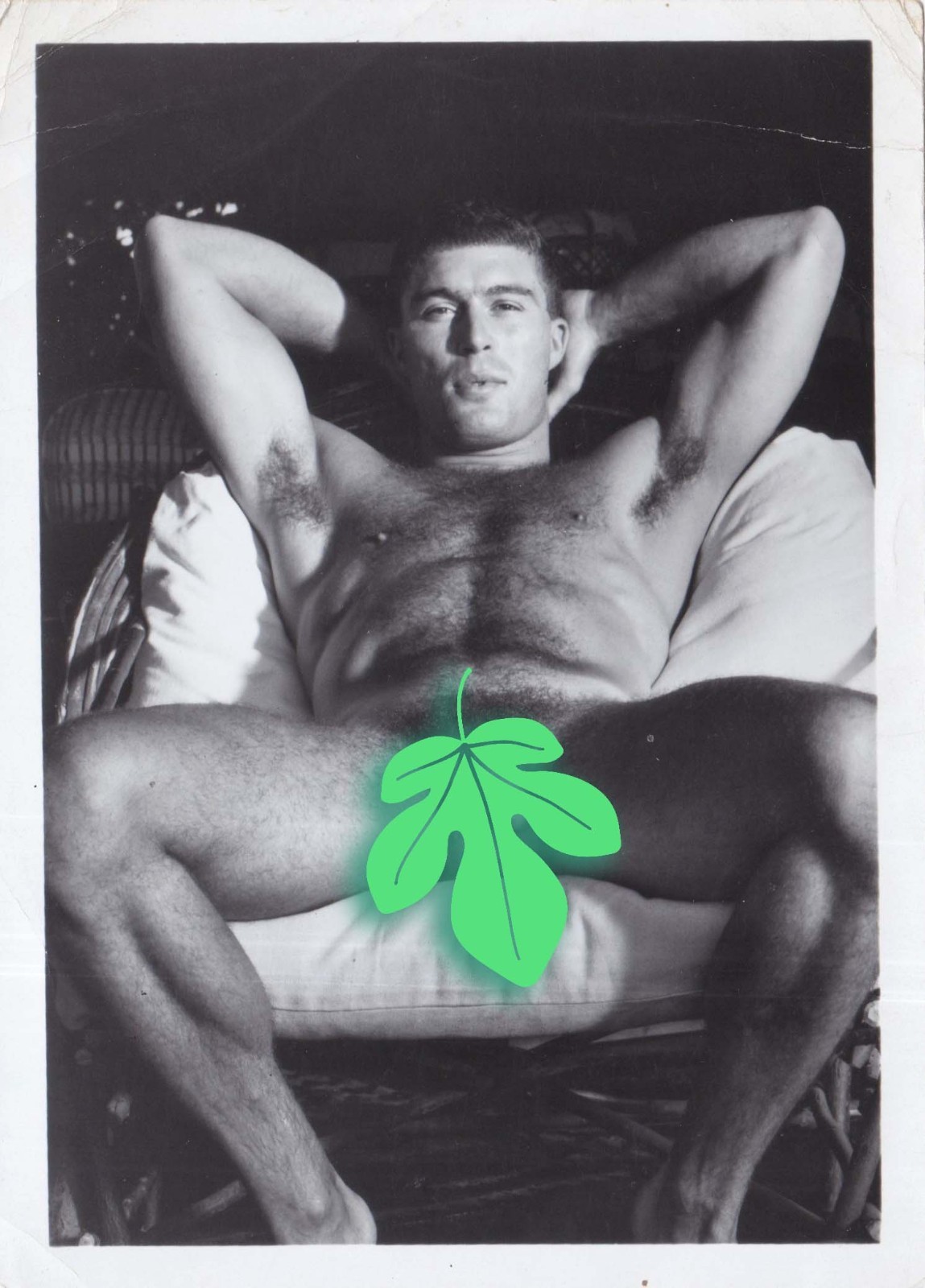 Vintage photo - Shirtless pantsless guy reclining on cushion- Gay interest