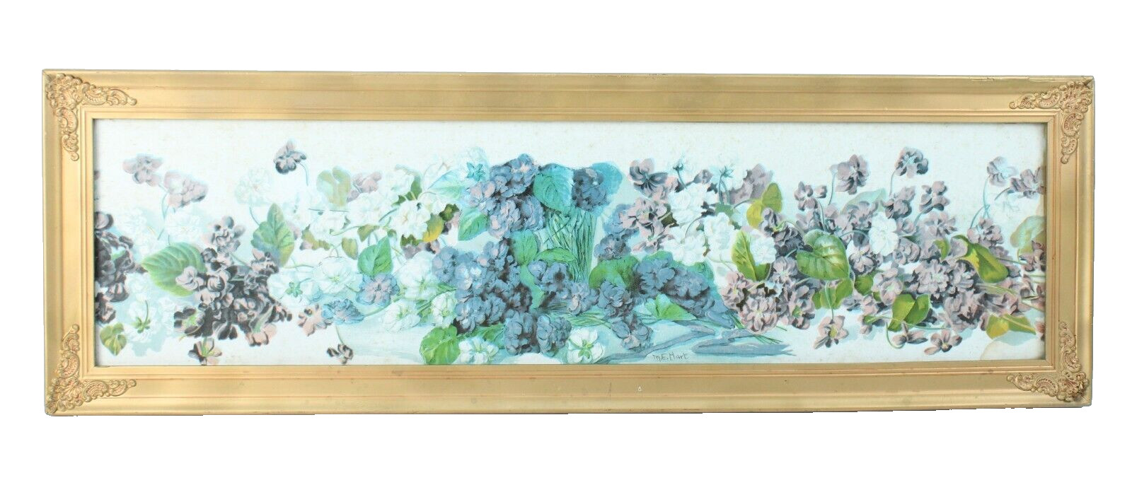 Antique M.E Hart Floral Violets lithograph Signed Antique Frame